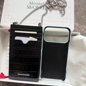 Alexander McQueen Black Croc-Embossed Leather Card Pouch with Chain